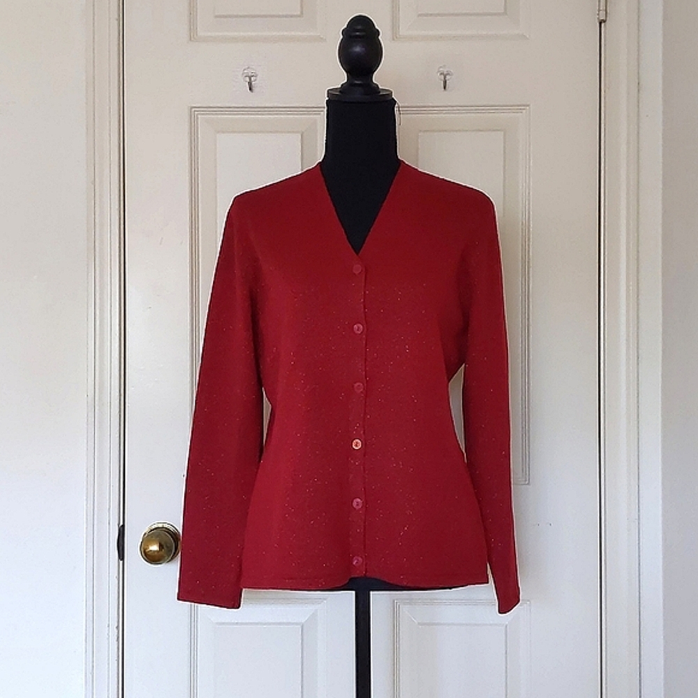 NWOT. Amanda Smith Petite Red Sparkle V-Neck Long Sleeve Cardigan Sweater.